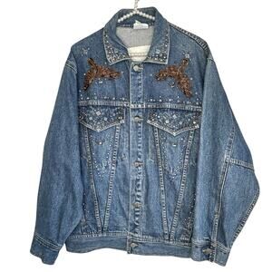 VTG‎ Freego Western Denim Jacket 80s Medium Stud Sequin Embellished Oversized